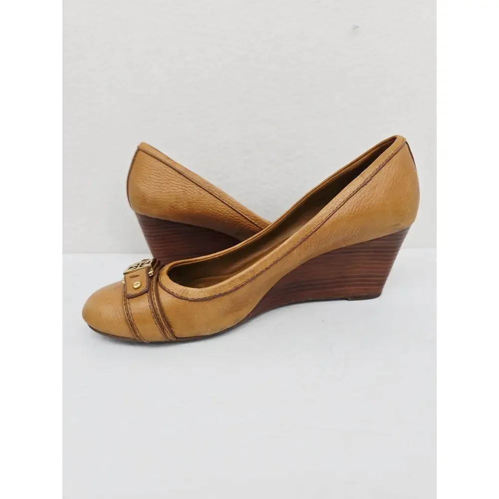 Tory Burch Reva Wedge Shoes Leather Tan 10